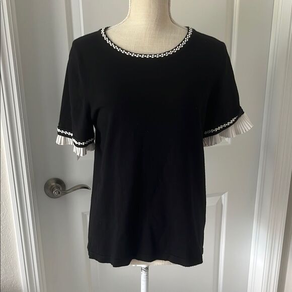 Karl Lagerfeld Black with Ruffled Sleeve White Stitching Detail Sweater - Picture 1 of 8